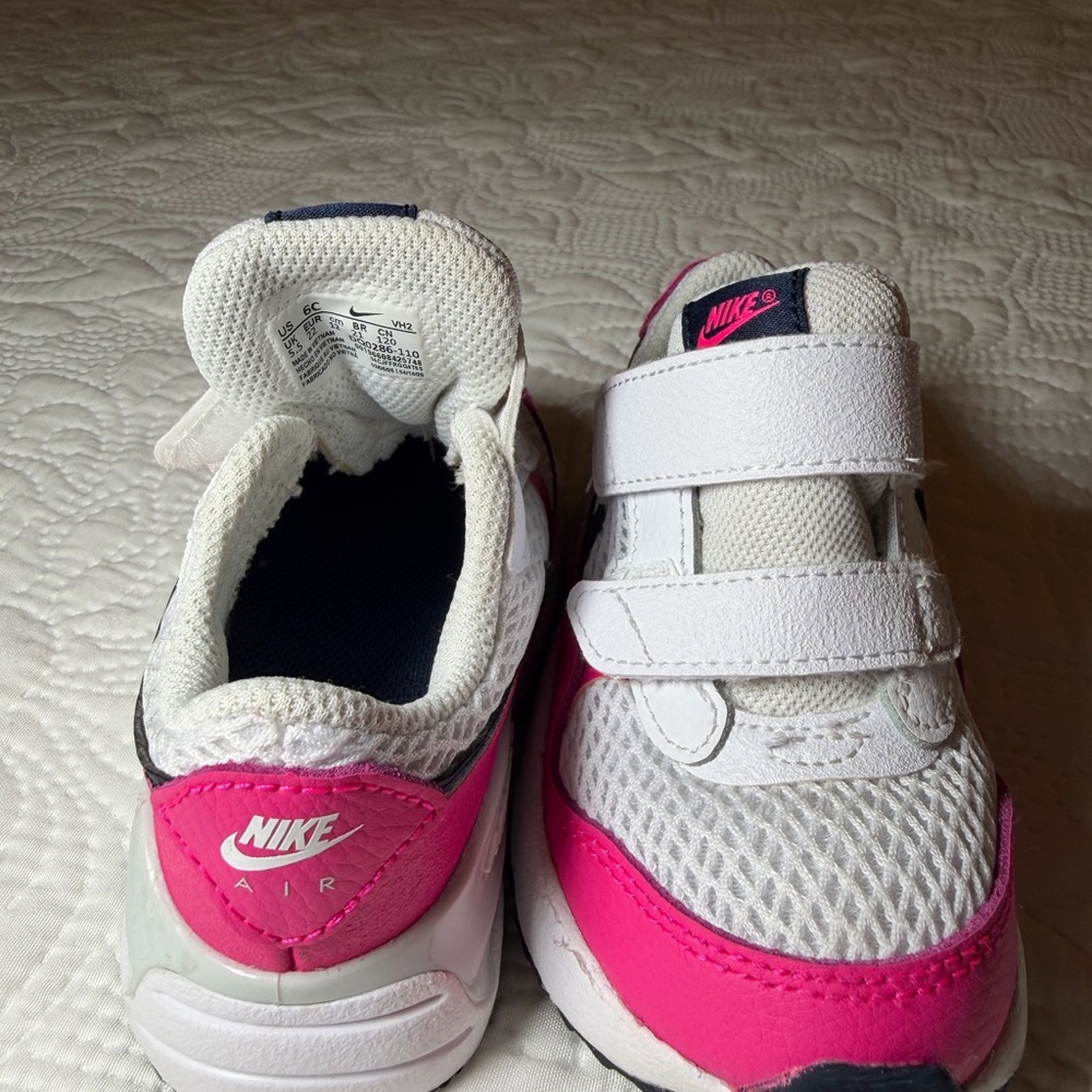 Nike Kids White and Hot Pink Air Sneakers with Dual Hook-and-Loop Straps